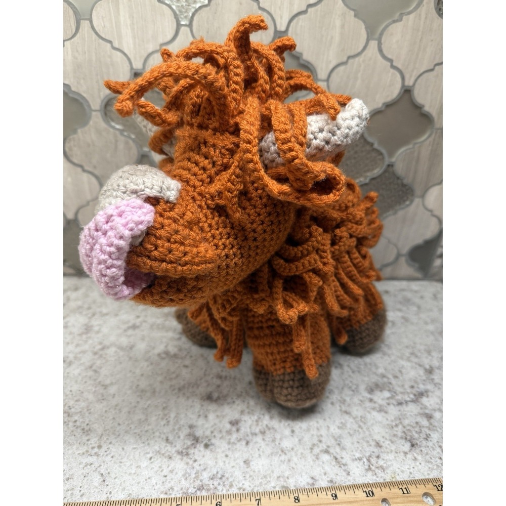 Amigurumi Highland Cow Licking Nose  With Horns Handmade Crocheted Color Rust